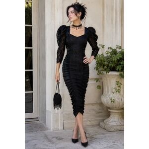 Vintage Mayvens of California Dress Women XS Black Ruched Lace 80s Prom Goth ALT
